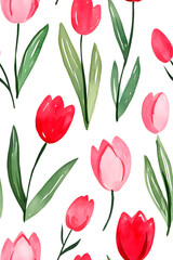 Obraz premium Watercolor seamless pattern of cute minimalistic tulips. Red and green colors isolated on white backdrop