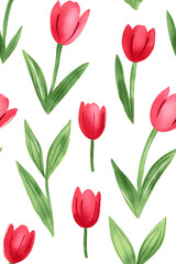 Obraz premium Watercolor seamless pattern of cute minimalistic tulips. Red and green colors isolated on white backdrop