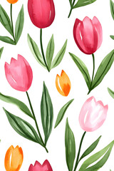 Obraz premium Watercolor seamless pattern of cute minimalistic tulips. Red and green colors isolated on white backdrop