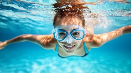 Naklejka premium Underwater, happy woman snorkeling, smiling face, clear water, summer.