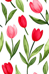 Watercolor seamless pattern of cute minimalistic tulips. Red and green colors isolated on white backdrop