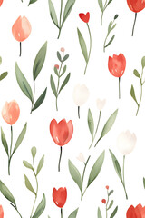 Obraz premium Watercolor seamless pattern of cute minimalistic tulips. Red and green colors isolated on white backdrop