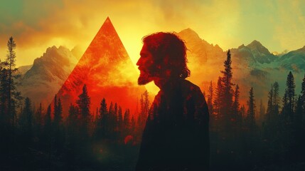 jesus christ with triangle in the background of mountains and forest double exposure