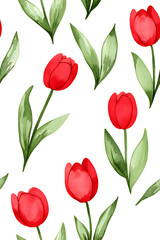 Obraz premium Watercolor seamless pattern of cute minimalistic tulips. Red and green colors isolated on white backdrop