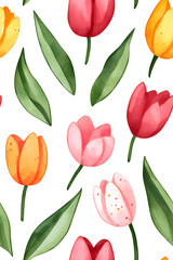 Obraz premium Watercolor seamless pattern of cute minimalistic tulips. Red and green colors isolated on white backdrop