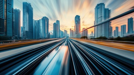 Fototapeta premium Cityscape at Sunset: A High-Speed Rail Journey Through Modern Metropolis