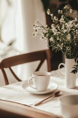 Obraz premium Embracing spring with minimalist ceramic dishware on a sunlit dining table