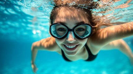 Fototapeta premium Underwater portrait of a smiling girl with goggles swimming in a clear blue pool.