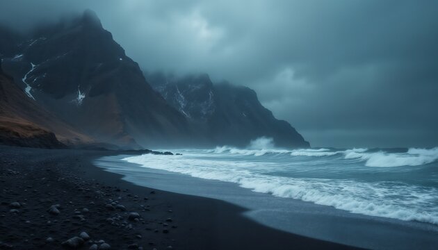 impressive seascape of the north, gloomy cold sea and rocks, haze, cold and gloomy surroundings, dramatic sky with clouds