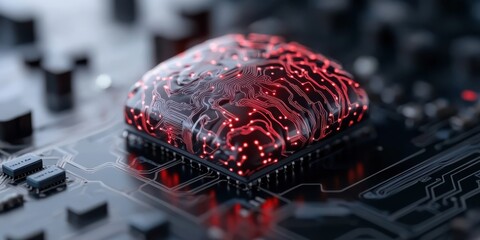 A sleek microchip with glowing red circuits symbolizes advanced AI technology, highlighting innovation and the digital future in a captivating close-up.