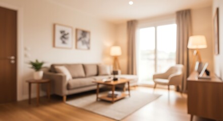 Fototapeta premium Abstract Blur Modern Living Room Interior Design with Neutral Tones for background