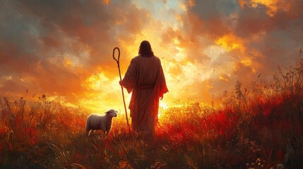 jesus holding a lamb and a shepherd s crook with a sheep by his side digital illustration copy space