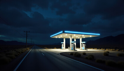 Obraz premium Lonely gas station in a remote area illuminated at night with a desolate road nearby 