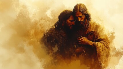 jesus places his hands on a man s shoulder comforting him digital illustration
