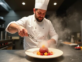 Chef using liquid nitrogen creating a misty effect on a fruit dessert