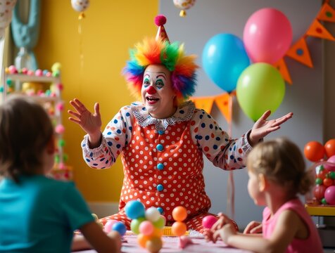 Cheerful clown entertaining children with balloon animals at birthday party