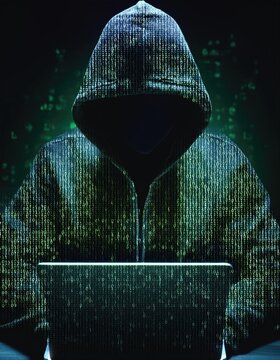silhouette of hooded hacker made of binary code