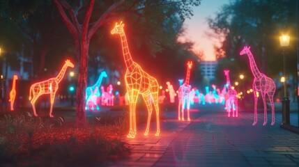 Neon giraffes illuminate a vibrant city park at dusk, with colorful lights and trees