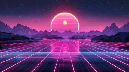 Vibrant retro-futuristic landscape with neon sun setting over a grid-like lake and mountains