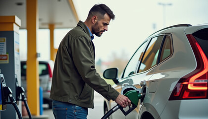 Man refueling his car at a gas station with a focused expression
