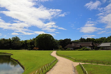 Naklejka premium 日本庭園にある芝と道