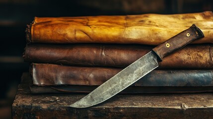 Handcrafted blade resting on a stack of rich, tanned leather hides