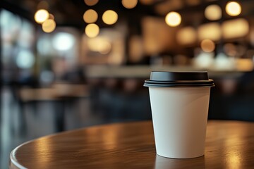 Empty Coffee Cup on a Wooden Table in a Cafe