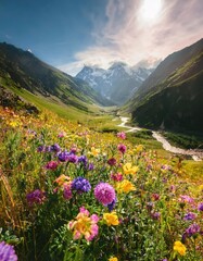 Fototapeta premium Vibrant Wildflowers Bloom Across Mountain Valley