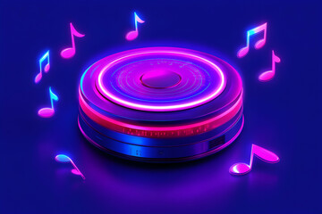 Futuristic music player glowing with vibrant pink and blue neon lights, surrounded by musical notes. Perfect for tech, music, and entertainment concepts.