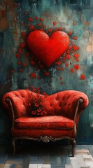 The image is an oil painting of a red chair with a heart on it.
