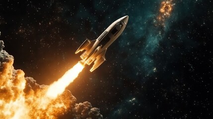 Startup and business goal concept with digital rocket illustration flying in space. 3D rendering
