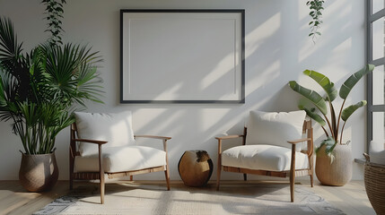 Two armchairs in room with white wall and big frame poster on it. Scandinavian style interior design of modern living room. Created with