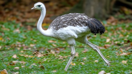 Young Darwin's rhea walking on green grass.