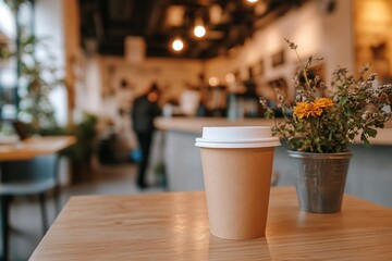 Cozy Coffee Shop Scene with Takeaway Cup and Dried Flowers