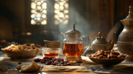Fototapeta premium Traditional Arabic Tea with Nuts and Dates