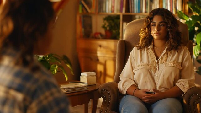 This psychologist conducts a session with a client in a cozy, well-lit office surrounded by books.