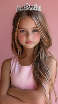 A young girl with long hair and a tiara poses for a photo shoot.