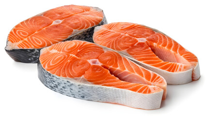 Fresh Salmon Steaks with White Marbling Patterns Isolated on White Background Vibrant Orange Skin-on
