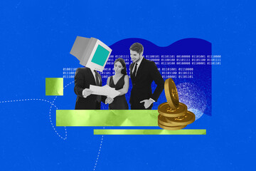 Creative art banner collage of three business partners girl guy human instead head pc monitor ai...
