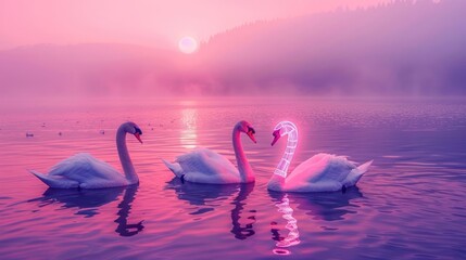Fototapeta premium Serene sunset over a tranquil lake with swans gracefully swimming in soft pink hues