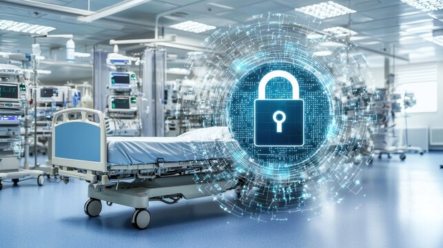Healthcare data security: Modern hospital bed with digital lock overlay
