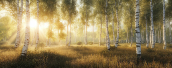 Obraz premium Sunlit Birch Forest at Sunrise