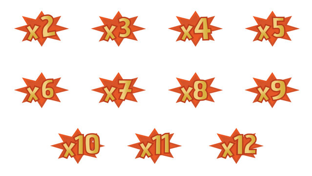Multiplication bonus vector game elements with numbers x2 to x12 on orange gradient starburst background
