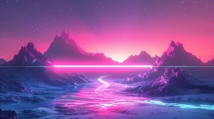 Futuristic landscape with vibrant pink and blue hues, featuring mountains and a glowing river at dusk