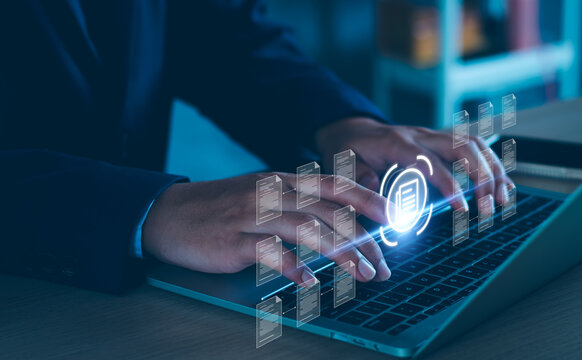 Document management system concept, Businessman manage digital business data, file storage, database collection, Technology software business company.