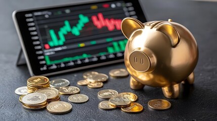 A modern and sophisticated gold piggy bank accompanied by shiny coins is set against a vibrant financial tablet displaying the latest market progress and financial trends representing wealth savings