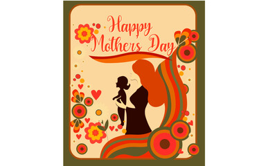 vector illustration of a girl with a banner A vintage-style Mother’s Day poster inspired by the 1970s, featuring a warm, earthy color palette with burnt orange, mustard yellow, and soft pastels.