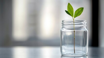 Small plant in transparent jar on table symbolizes growth and sustainability