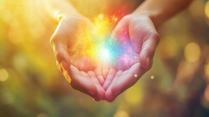 Hands Holding Colorful Energy Light Outdoors