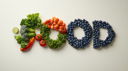 Fresh fruits and vegetables forming the word "FOOD".
